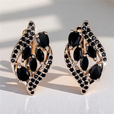 Female Black Zircon Stone Hoop Earrings Vintage Fashion Gold Color Wedding  For Women
