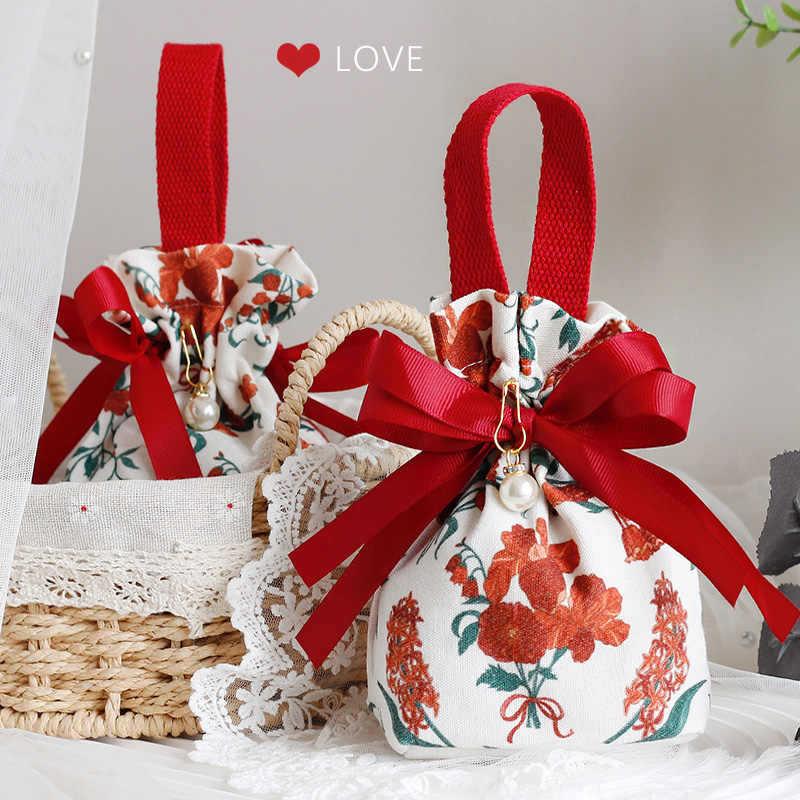 Small Floral Canvas Drawstring Bag Small Bowknot Jewelry Pouch With Pearl Chain Wedding Candy Packaging Bag