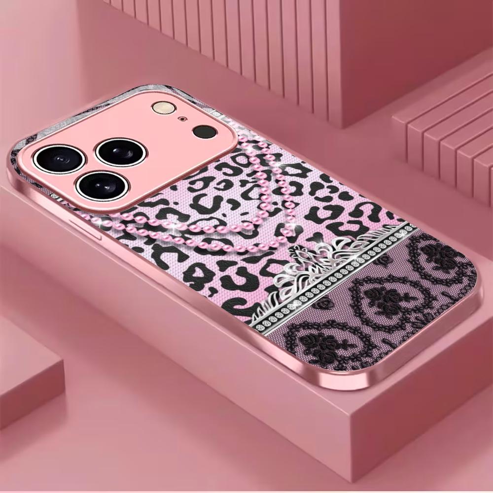 Luxury Pink Leopard Print phone case mobile phones for iphone 17 pro max cover Glass for iPhone 17 16 15 14 13 12 11pm Pro Plus