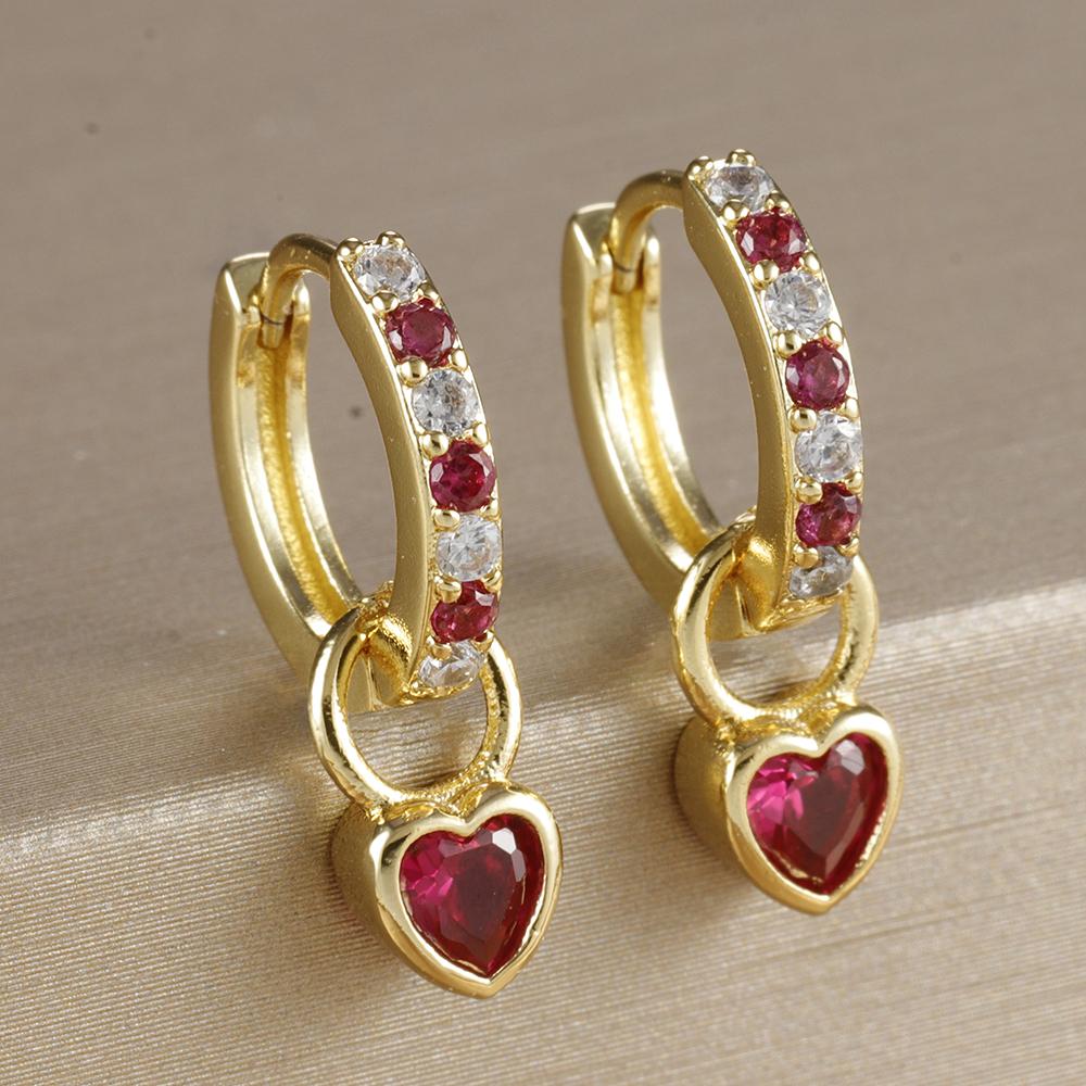 2PCS Luxury Colorful Heart Pendant Earrings Exquisite Multicolor Zircon Stainless Steel Hoop Earrings for Women Fashion Jewelry