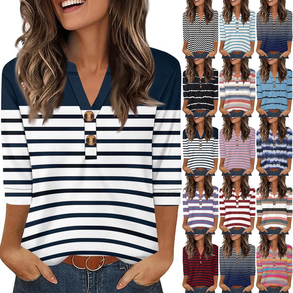 Women's Stylish Casual Striped Print Loose V-neck Button-down Shirt With Cropped Sleeves