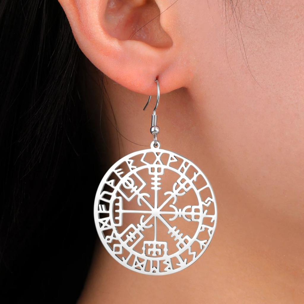 Vegvisir Viking Compass Dangle Earrings for Women Stainless Steel Barbarian Gladiator Pagan Odin Norse Runes Jewelry