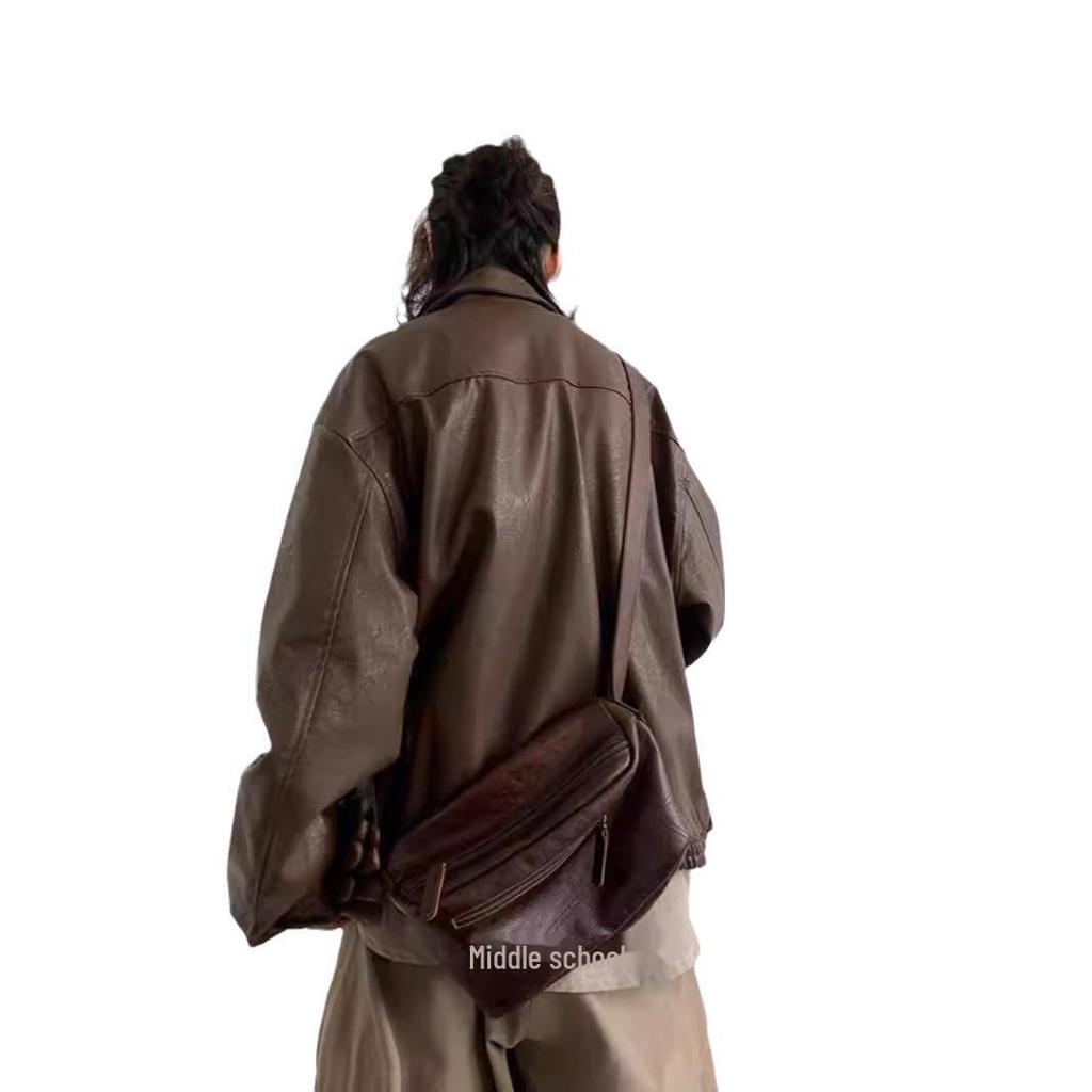 "Spring & Autumn Japanese Retro PU Motorcycle Leather Jacket for Boys & Girls - Classic Brown, Loose Fit, Unisex Casual Coat."