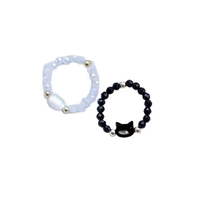 Fashion Natural Moonstone Obsidian Rings Minimalist Handmade Cute Black White Cat Bead Ring Women Party Accessories Jewelry Gift