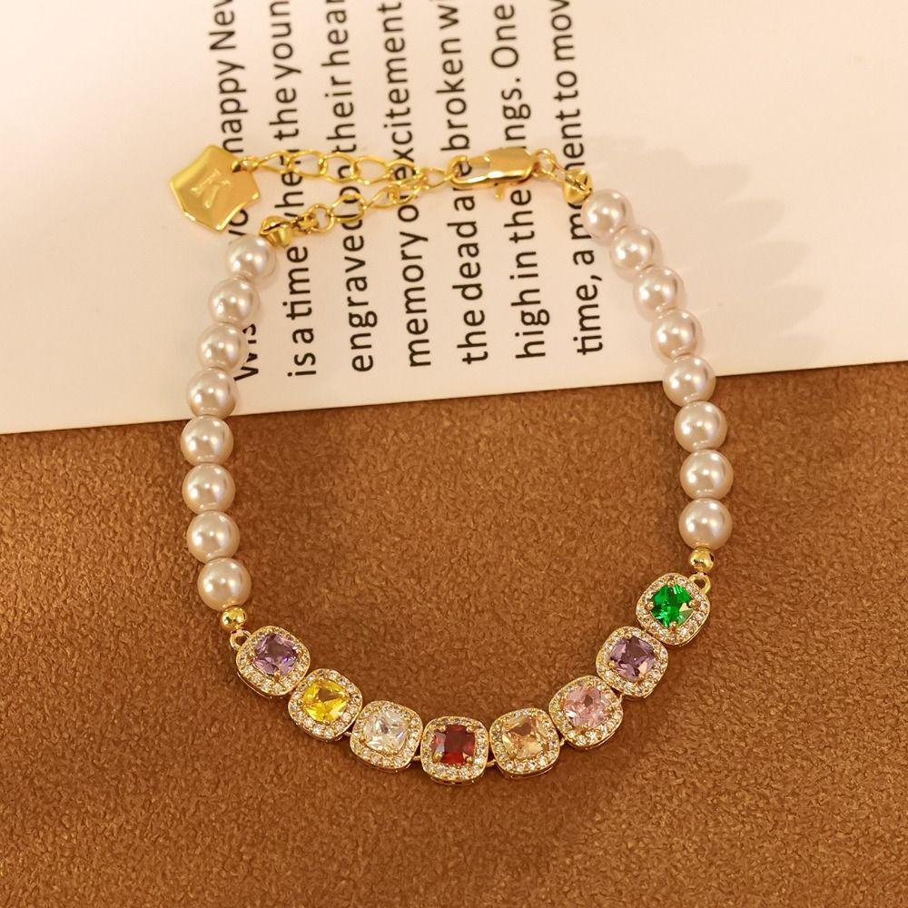 Luxury Rainbow Rhinestone Bracelet Vintage Colored Zircon Bracelet Pearl Crystal Bracelet  Lady