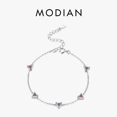 MODIAN 925 ayar gümüş gökkuşağı ateş rengi zirkonya bilezik Charm kalpler zincir bağlantı bilezik kadınlar için kristal takı