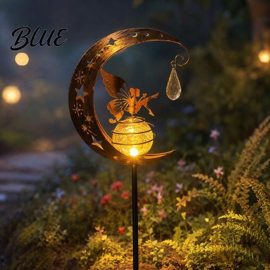 Outdoor Hummingbird Decor Moon Solar Light Metal Crescent with Crackle Glass Ball Garden Landscape Lighting Stake Pathway Light for Yard Patio Lawn