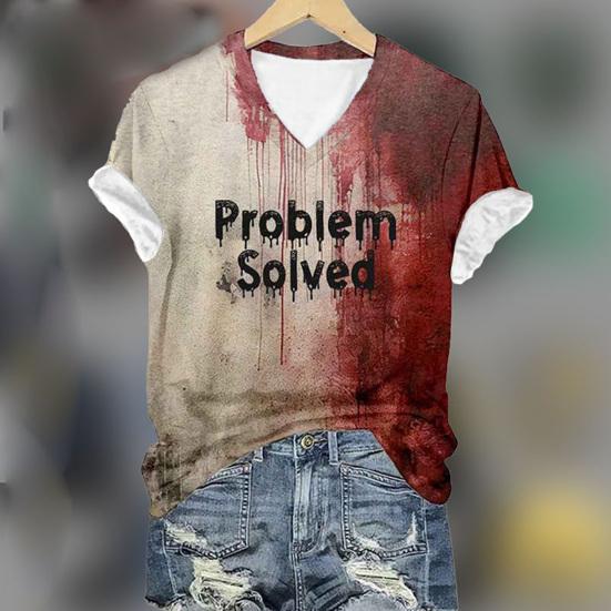 Halloween Blood Shirt Digital Print Blood Stains Text Tee Shirt Women V-neck Tops Casual Wear Funny Horror Clothes
