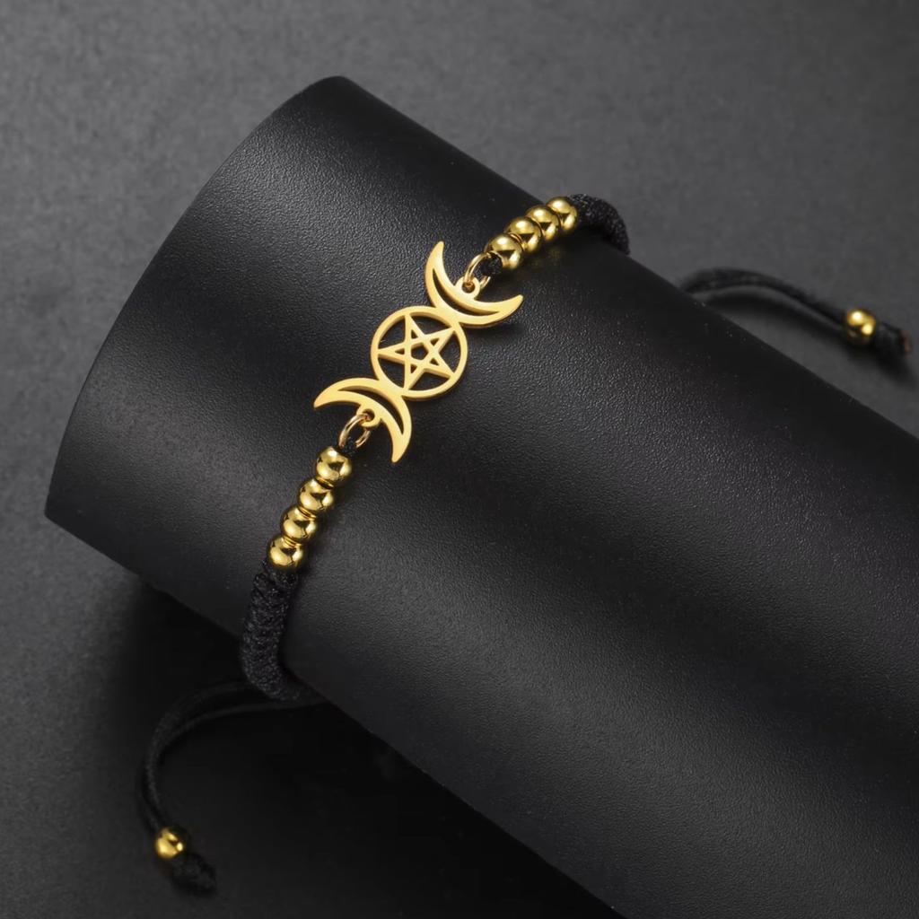 Náramek Tři měsíční bohyně pro ženy Muže Nastavitelná šňůrka Hekaté Spirální amulet Pohanská šperky Čarodějnice Luna Pentagram Přívěsek