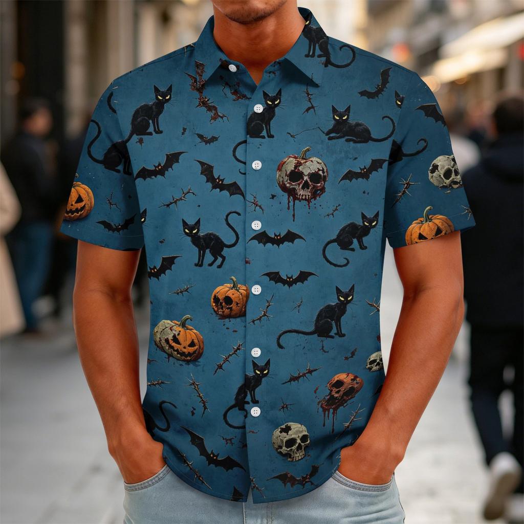 Herren Halloween Bedrucktes Vintage Textur Hemd Locker Atmungsaktiv Kurzarm Knopfleiste Lässiges Streetwear Oberteil für den täglichen Gebrauch