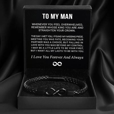Men's Black Engraved Stainless Steel Leather Bracelet with Magnetic Buckle