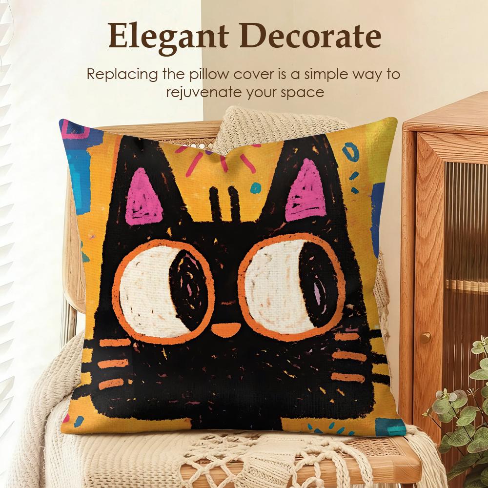 Art Dopamine Doodle Cat Cushion Cover Natural Linen Organic Fabric DoubleSided Printing Sofa Home Decor Gift Pillow Case