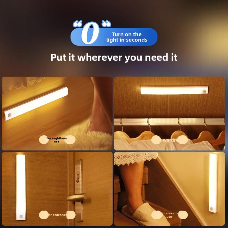 USB Rechargeable LED Motion Sensor Light Strip Magnetic Mount Under Cabinet Lighting for Closet Shoe Rack and Night Navigation