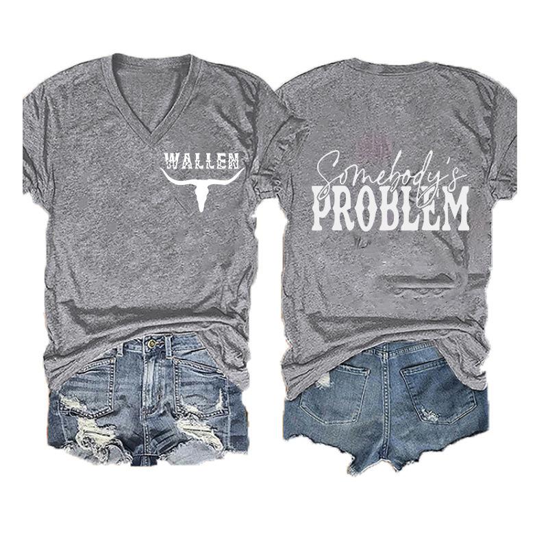 Women V‑Neck Short Sleeve T‑Shirt Double‑Sided Letter Print Casual Street Fashion Ladies Top S‑3XL