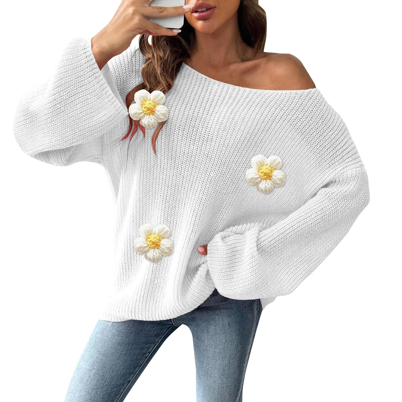 

Женский пуловер в стиле пэчворк, свободный свитер с одним вырезом без бретелек и расклешенными рукавами XL белый