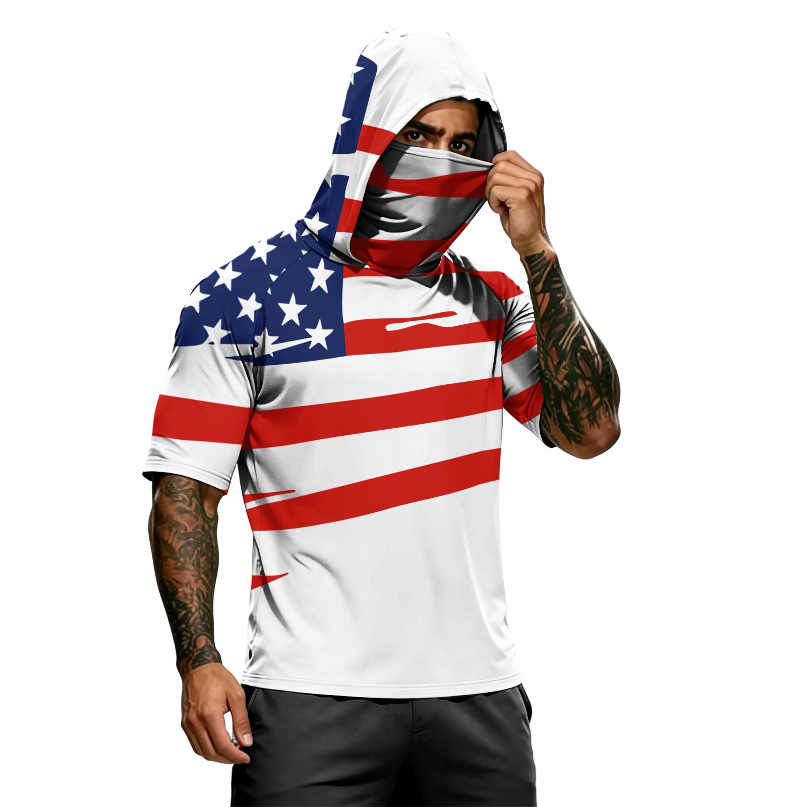 

Men s summer camouflage gradient drying short-sleeved T-shirt, sun clothing, fishing, fitness, sports, hooded short-sleeved shirt XL