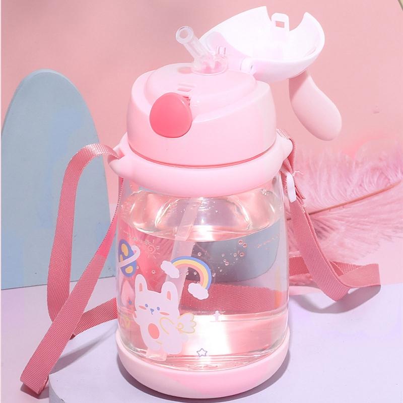 Kids Children School Drinking Water Straw Bottle Cartoon Bunny Straw Baby Cup with Shoulder Strap Water Bottle