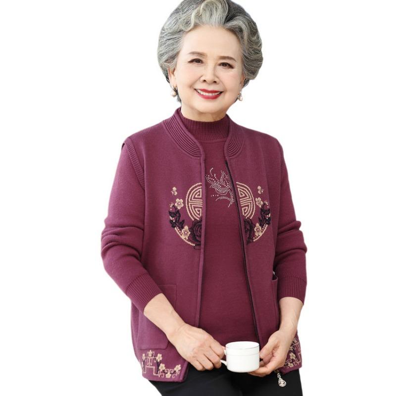 Elderly grandmother autumn clothing women's knitted sweater jacket middle-aged and elderly mother red natal year warm top