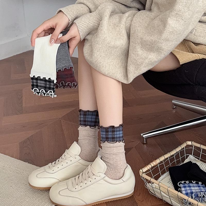 2025 Ruffle Double Layer Ribbed Cotton Plaid Mid-Calf Socks for Women