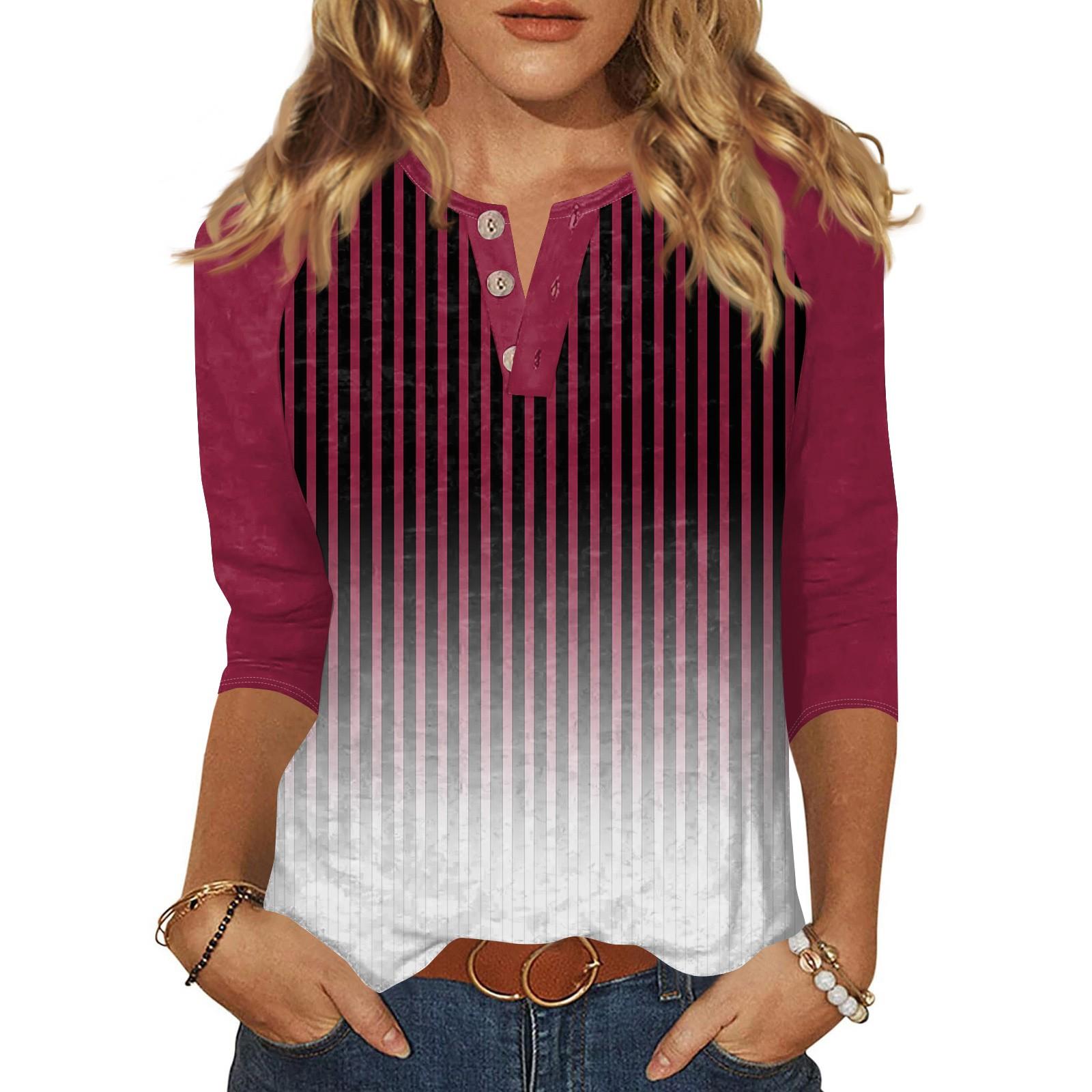 

Жен. Футболка С принтом Пуговицы Рукав 3/4 Повседневные Выходные Мода Классический Классический V-образный вырез Обычный Верх XL винный