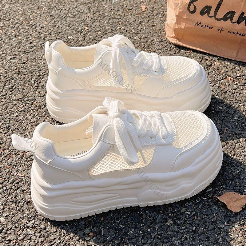 Fashion New Summer Round-toe Lace-up Casual White Thick-soled Vulcanized Shoes Comfortable Flat-soled Fashion Mesh Sneakers for Women