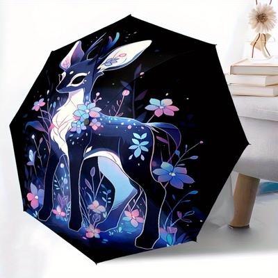1pc Sika Deer Automatic 3 Fold Fashion Umbrella Design, Cute Cartoon Pattern, Portable Outdoor Umbrella, Perfect, Holiday Gift .Z085