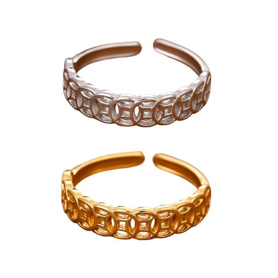 Women Ring Hollow Copper Coin Shape Adjustable Opening Design Finger Ring Fortune-Boosting Ring Versatile Jewelry Gift