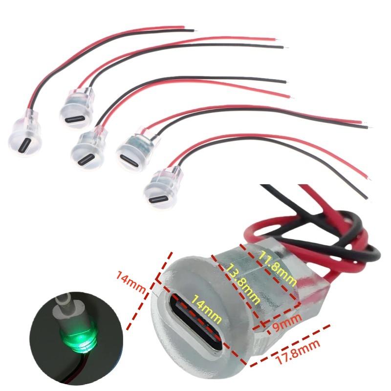5/10Pcs Waterproof USB-C Power Port Female Connectors Transparent 2Pin USB Type-C With LED Lights Input Type Charging Socket