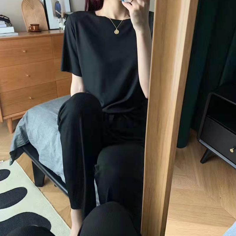 Ice Silk Pyjamas Kvinner Solid todelt sett Sommer Natttøy Kortermet Høst Koreansk Klassisk Basic Elegant Chic Trend