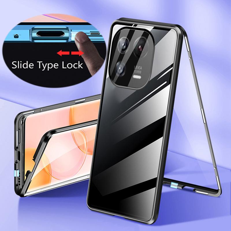 360 Metal Magnetic Case for XiaoMi Mi 11 14 Ultra 13T 11 14T 15 Pro 14 Civi Double-Sided Glass Transparent Snap Lock Phone Cover