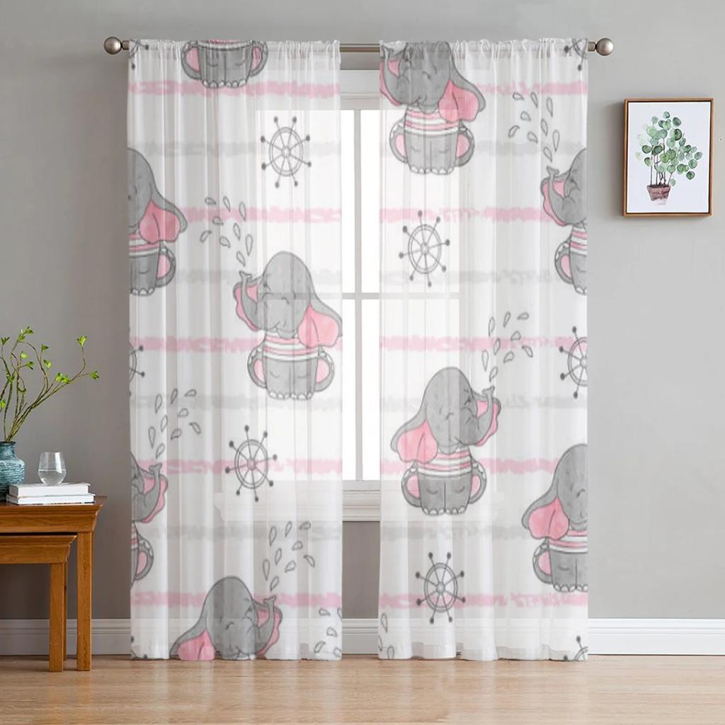 Elephant Mom And Baby Tulle Sheer Curtains For Kitchen Window Living Room Modern Voile Curtain Bedroom Drapes