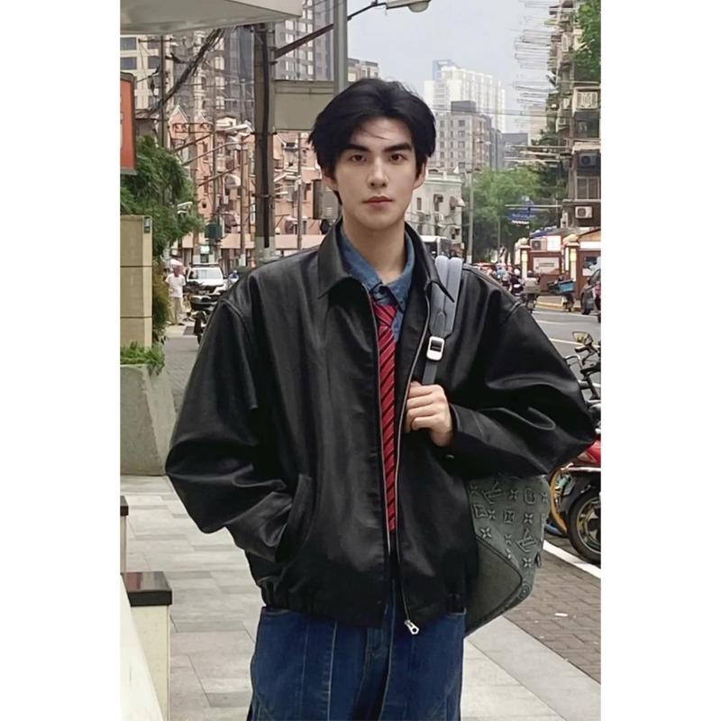 American Retro Black Leather Jacket Men's High-end Feeling Spring and Autumn Clean Fit Cool and Stylish Shoulder Pad Jacket Motorcycle Suit