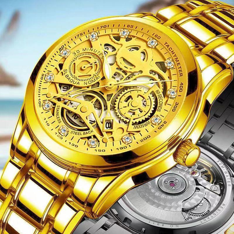 Men'S Automatic Waterproof Luminous Hollow Fashion Fake Mechanical Watch Through The Bottom