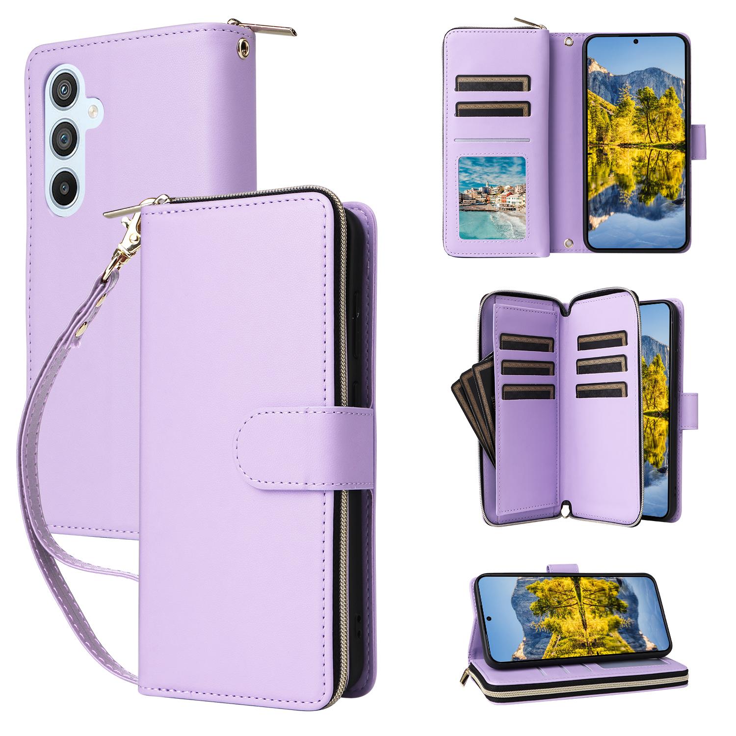 

R20 For Samsung Galaxy A54 5G Case 9 Card Slots PU Leather Phone Cover with 2 Straps Light Purple
