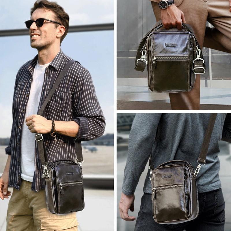 Black Angel Head Leather Passport Boarding Pass Storage Men's Shoulder Bag Multi Functional Genuine Crossbody