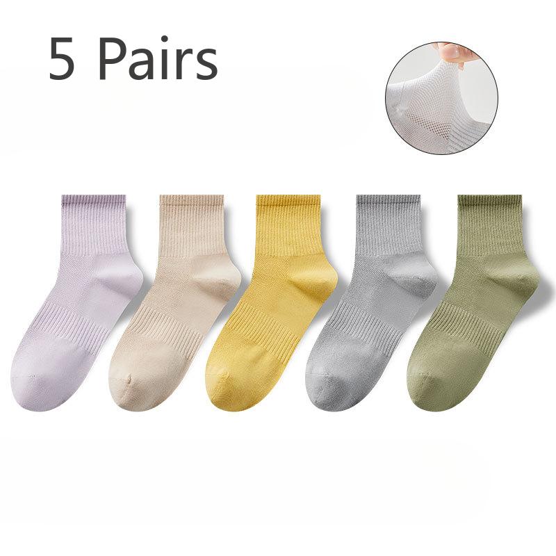 5 Pairs of Women's Spring and Summer Thin Cotton Pure Color Sweat Absorbent Tube Socks