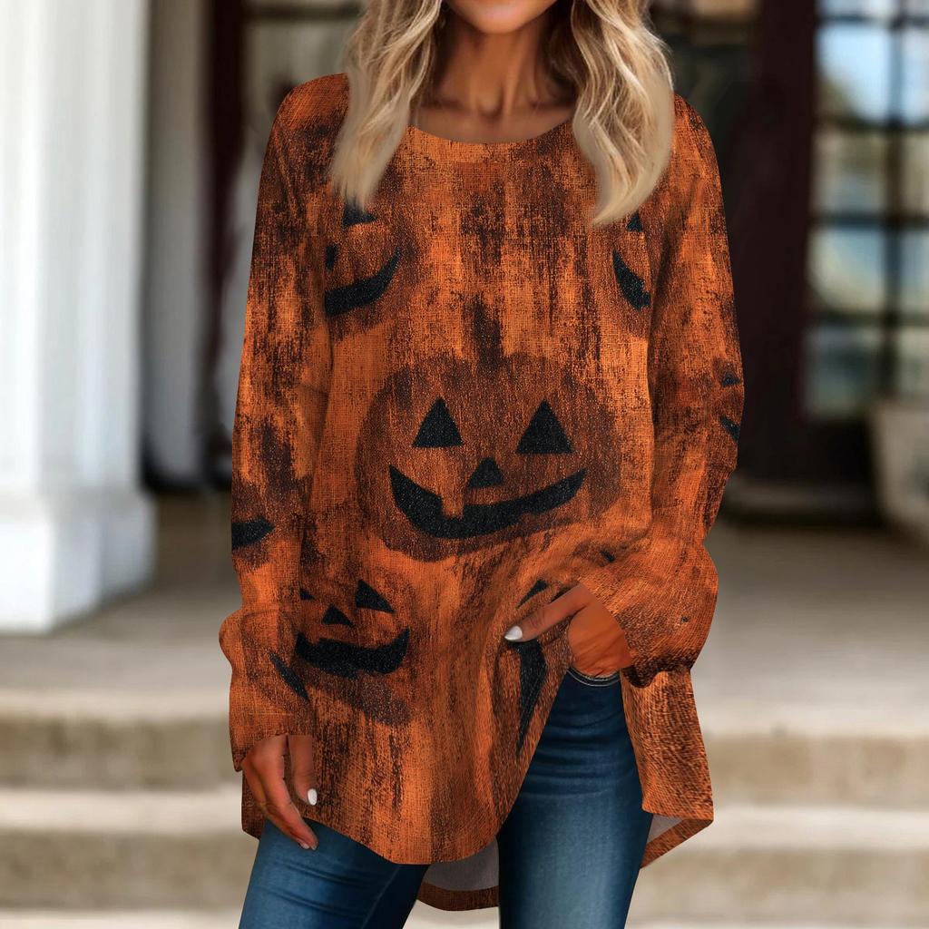 Women's Halloween Printed Pullover Top Loose Fit Neck Long Sleeve T-Shirt