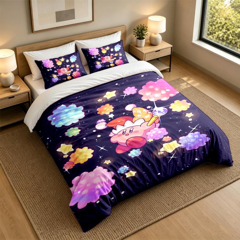 Soft Bedding Set Kirby Pattern, 1 Duvet Cover Plus 2 Pillowcases Stylish Bedroom Home Textile