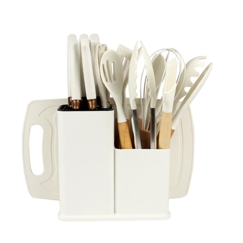 19dílná sada kuchyňského náčiní z tepelně odolného silikonu s nepřilnavým náčiním a noži v bambusovém úložném stojanu, ideální pro snadné vaření