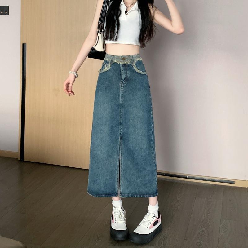 Jarní a podzimní dámské kalhoty Design Sense Vintage Split Středodélková sukně A-Line Středodélná džínová sukně do půl těla