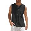 Men Crew Neck Lace Up Sleeveless Linen Tank Top Front Pocket Casual Breathable Summer Beach Vest Tops