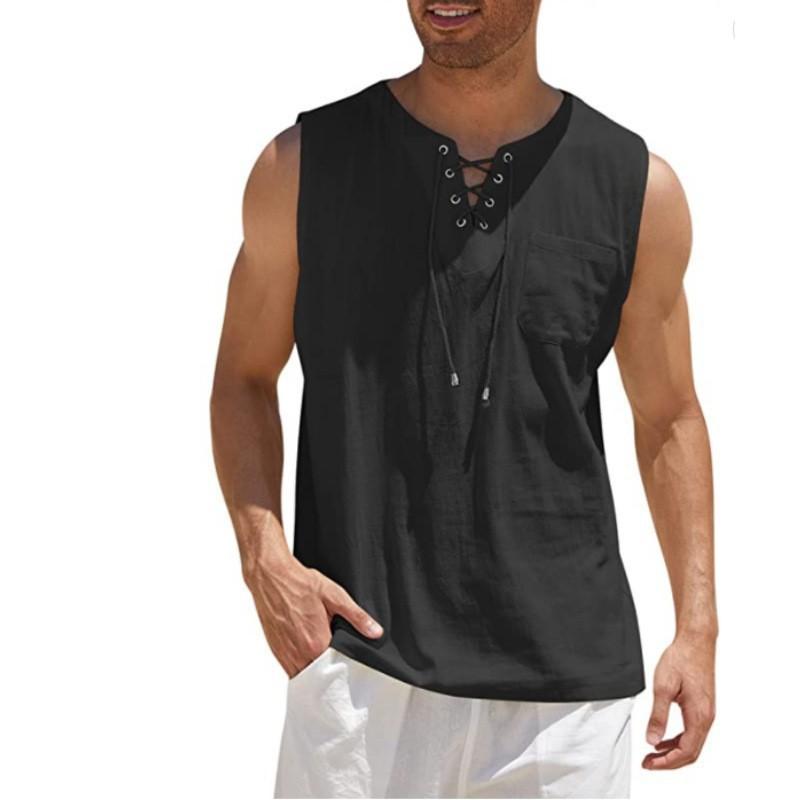 Men Crew Neck Lace Up Sleeveless Linen Tank Top Front Pocket Casual Breathable Summer Beach Vest Tops