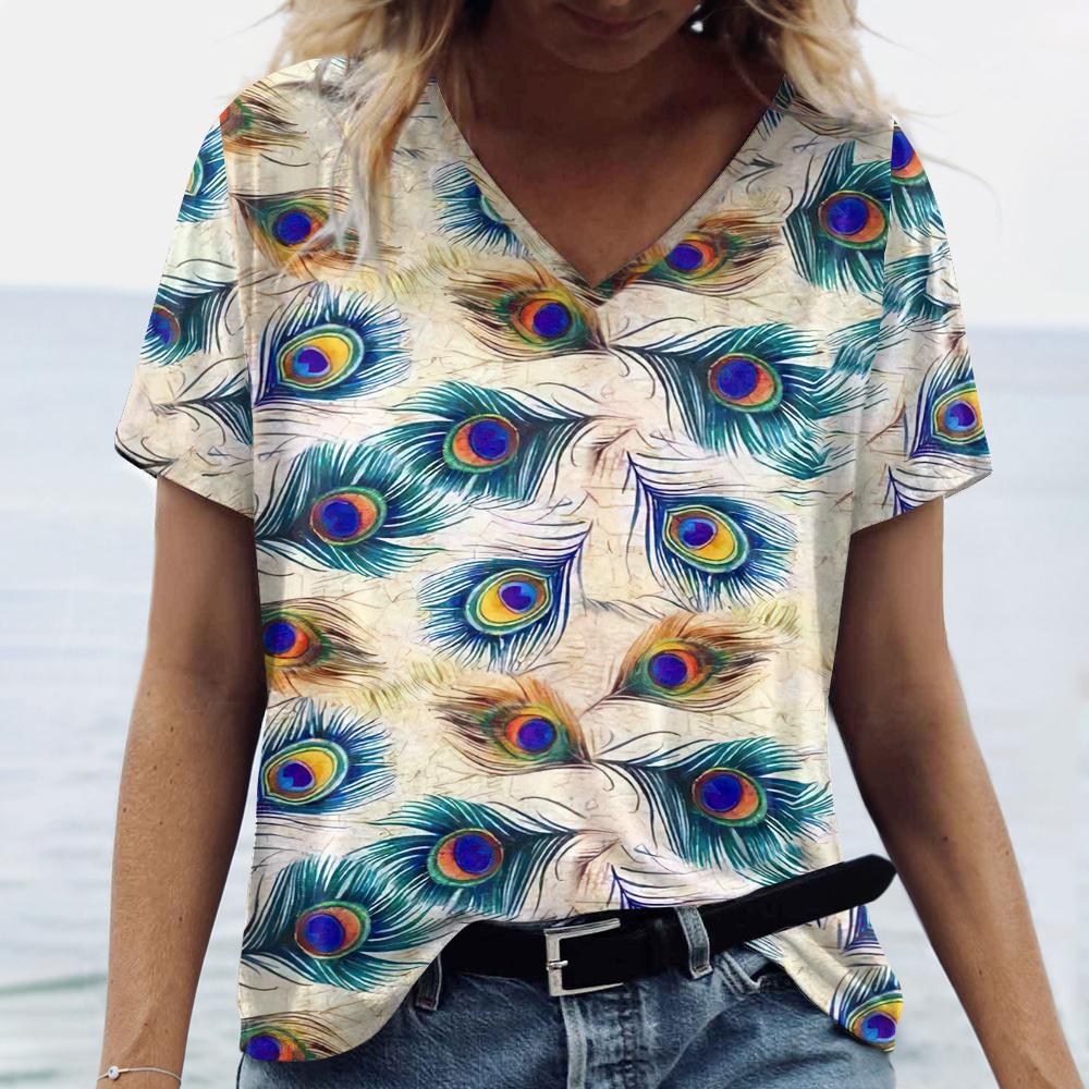 Новые яркие женские футболки с принтом павлиньего пера размера плюс — фото 19