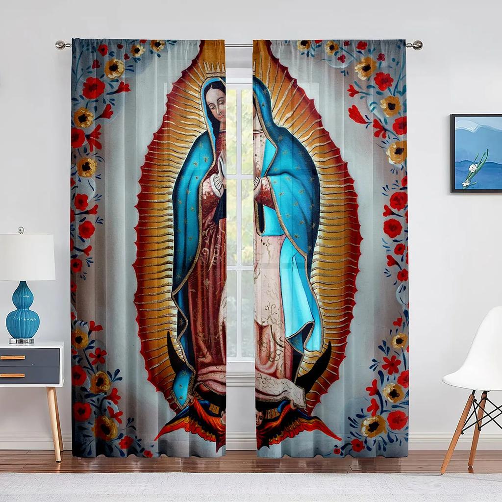 Our Lady Guadalupe Mexican Saint Virgin Mary Floral Sheer Curtains for Bedroom Living Room Kitchen Blinds Window Curtains 2pcs