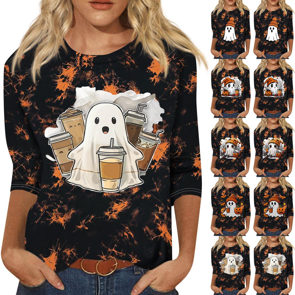 Women's Casual 3/4 Sleeve Halloween Print Neck Top