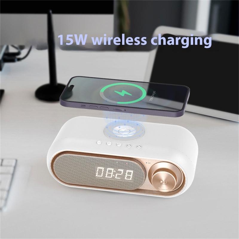 Portable Bluetooth-compatible Loudspeaker with Clock LED Time Display 15W Wireless Charging Multifunctional Digital Clock