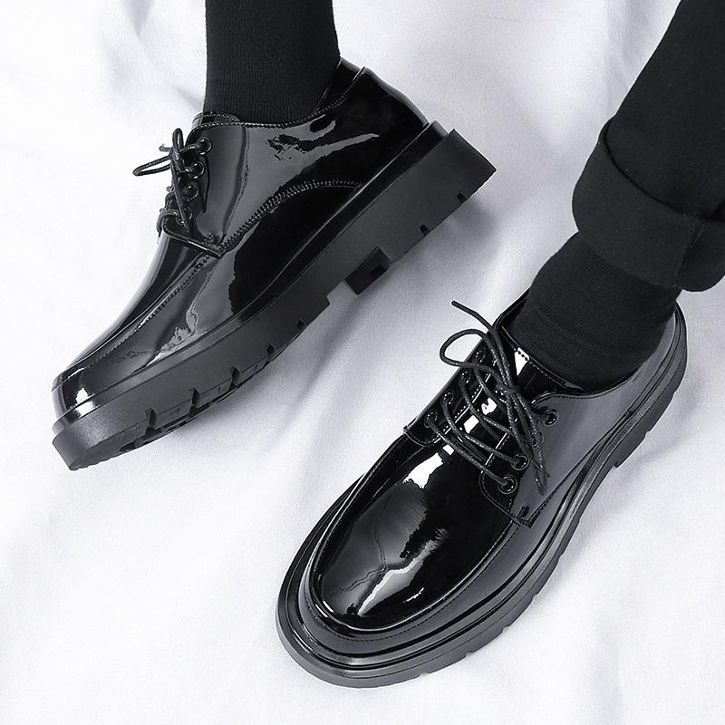 Men's Shoes Glossy Leather Shoes Men's Casual Shoes Young Men's Suit Leather Shoes Black Round Head Leather Shoes Trendy Shoes