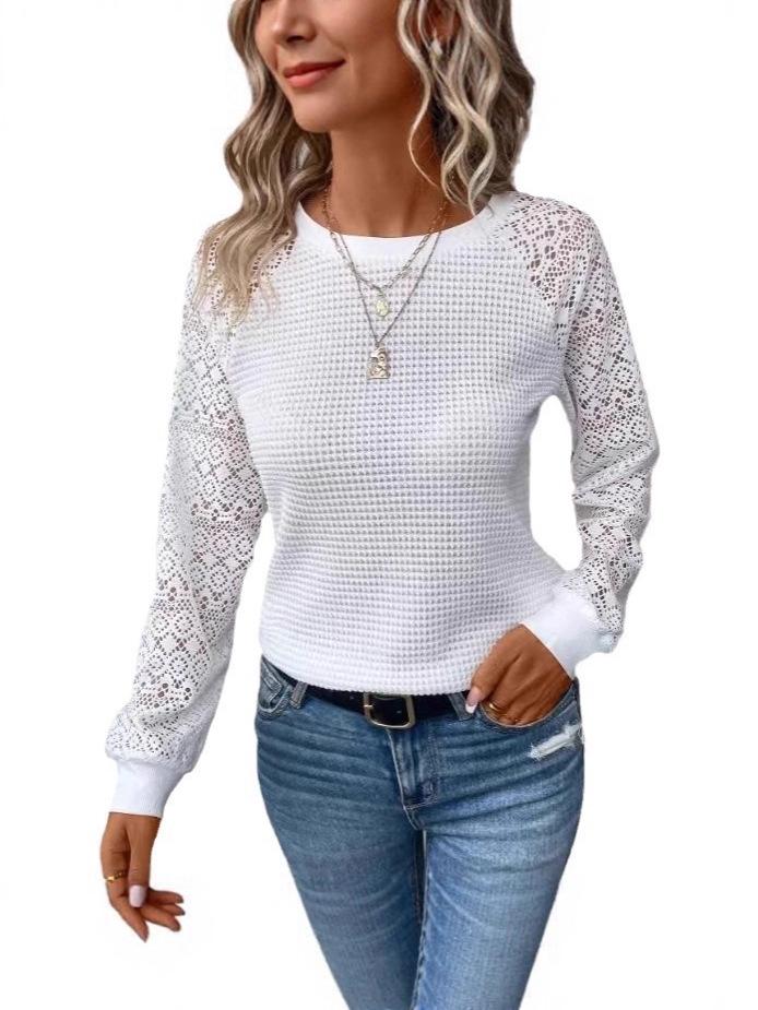 European & American 2025 Solid Lace Long Sleeve Hollow Round Neck Casual Women's T-shirt