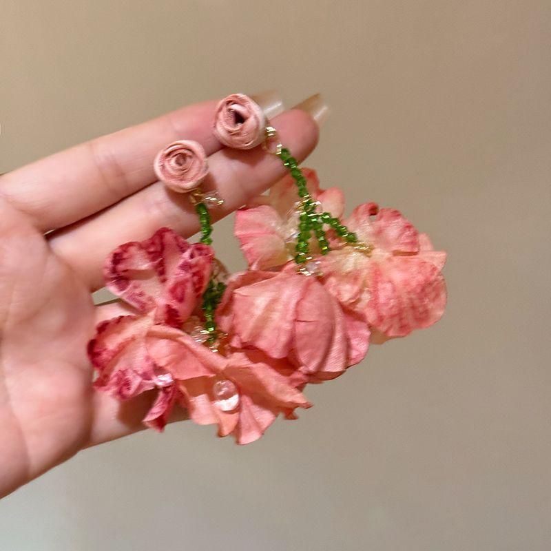 

Niche Style Pink Women s Beaded Stud Earrings Unique Beautiful Flowers Pink Dry Rose Earrings-Silver Needles