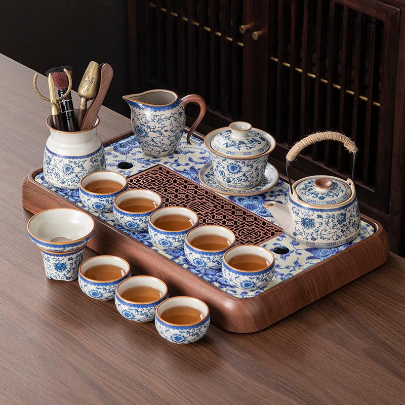 New blue and white Ru kiln Kung Fu tea set Household ceramic brewing teapot teacup drainage water storage tea tray